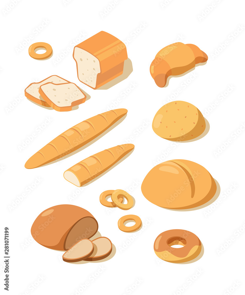 Fresh bread. Loaf pretzel fresh white and black baking bread from bakery pastries vector isometric f