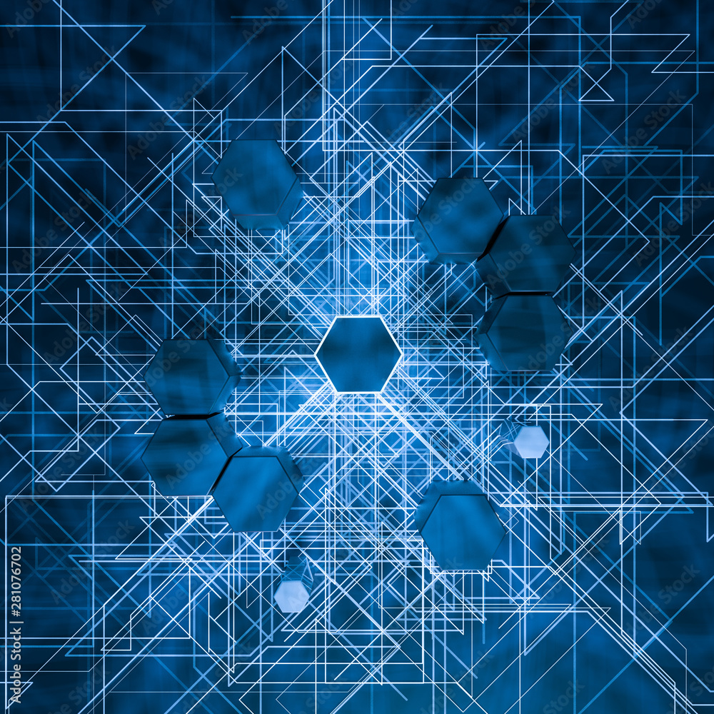 Hexagon cube with dark background, surrounded by glowing lines, 3d rendering.