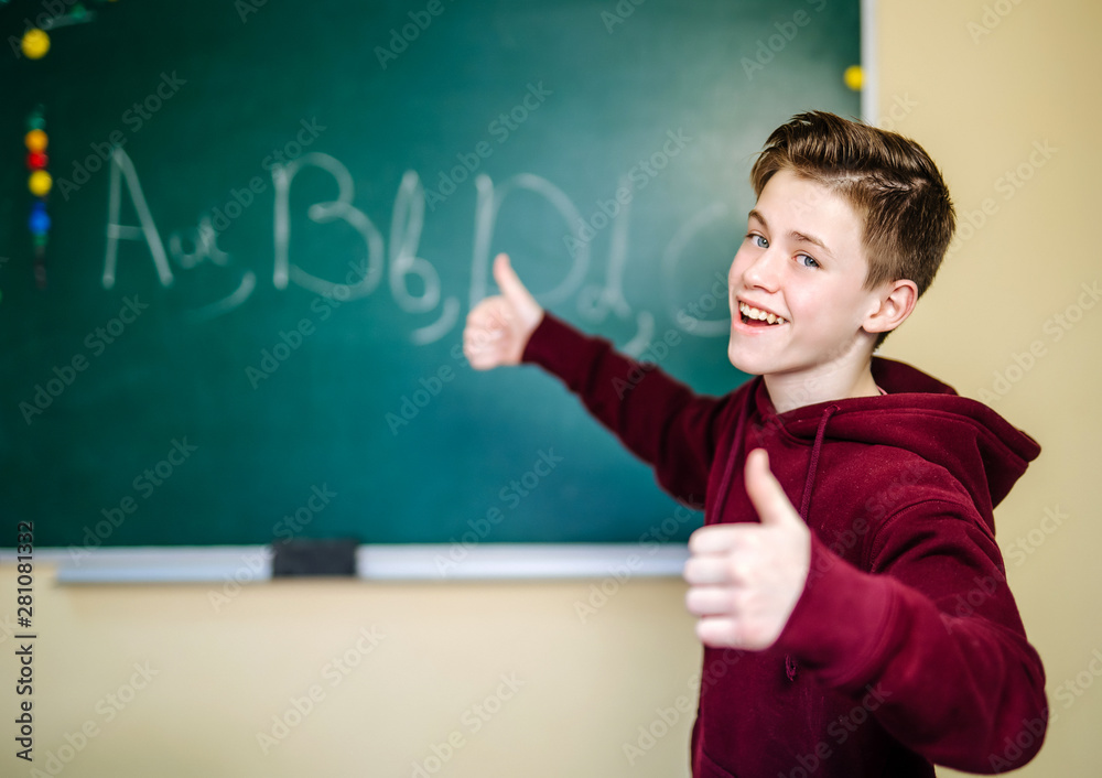 学校里少年男孩的肖像。回到学校。