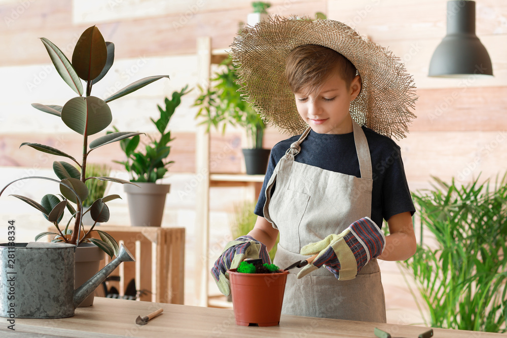 Cute little gardener with plants indoors