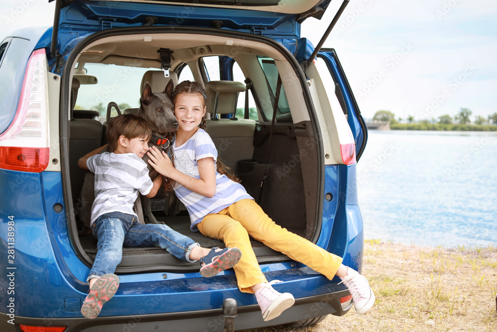 Happy children with dog sitting in car trunk