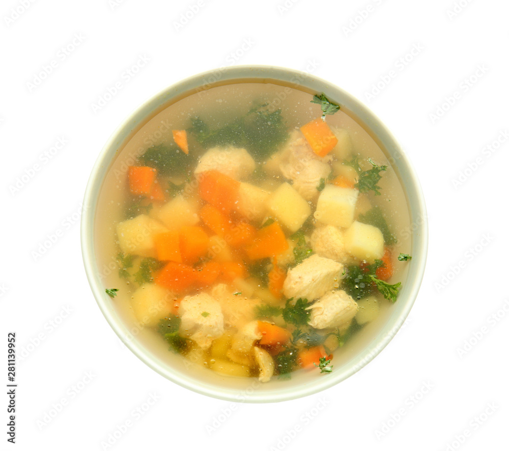 Bowl of tasty soup on white background