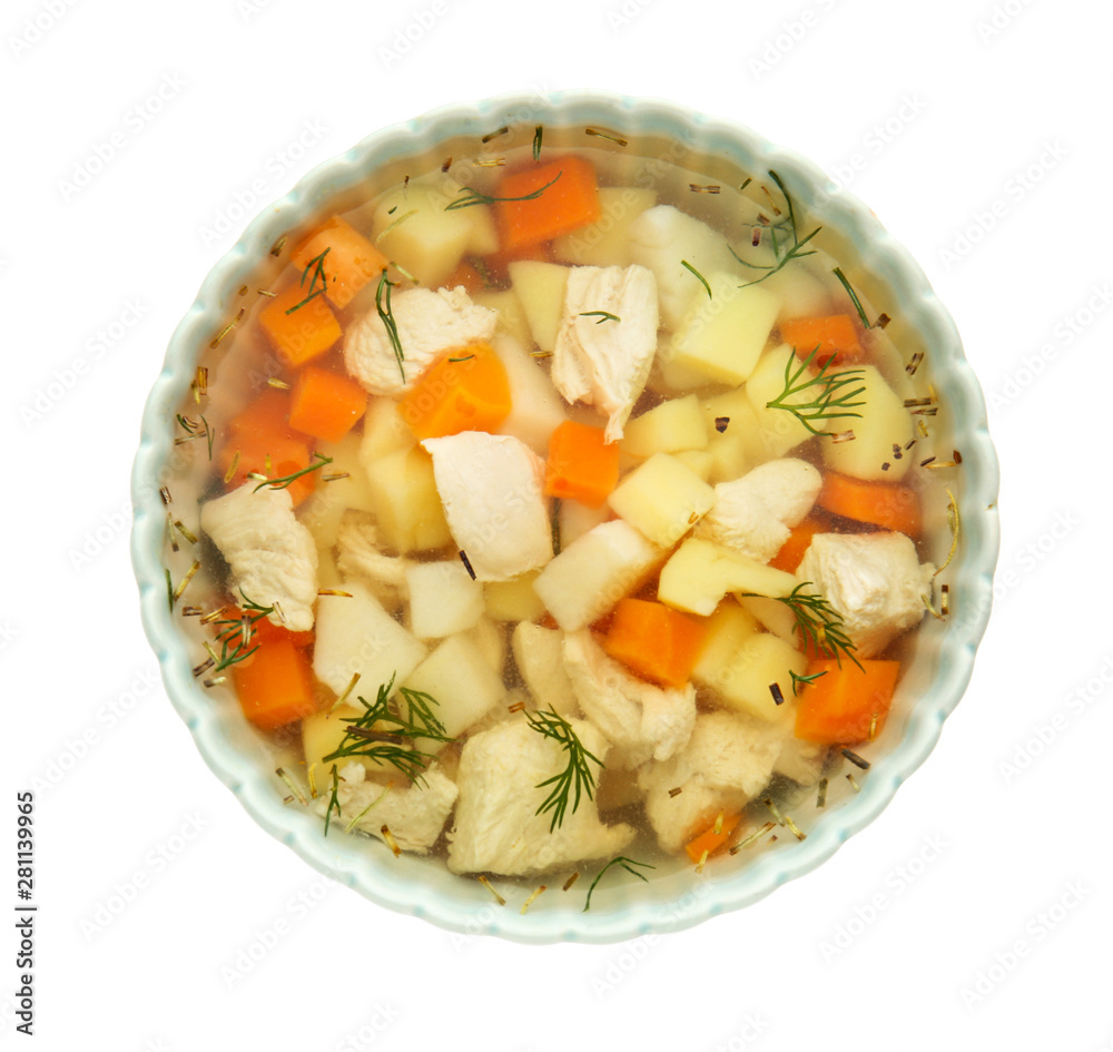 Bowl of tasty soup on white background