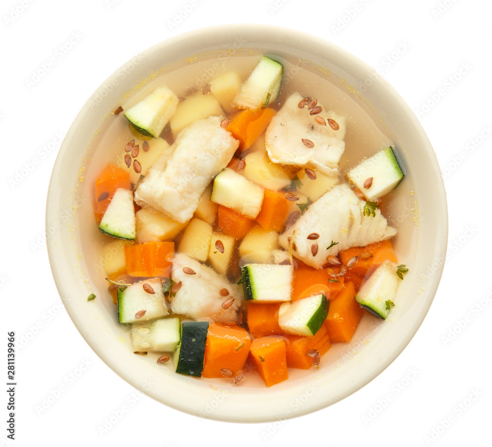 Bowl of tasty soup on white background