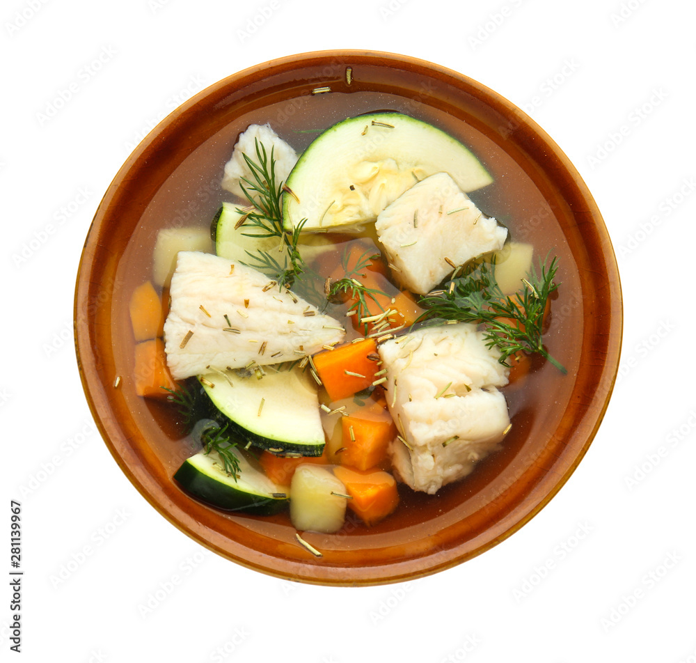 Bowl of tasty soup on white background