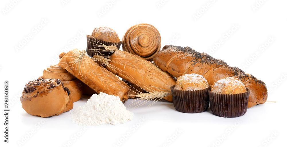 Heap of tasty pastries on white background