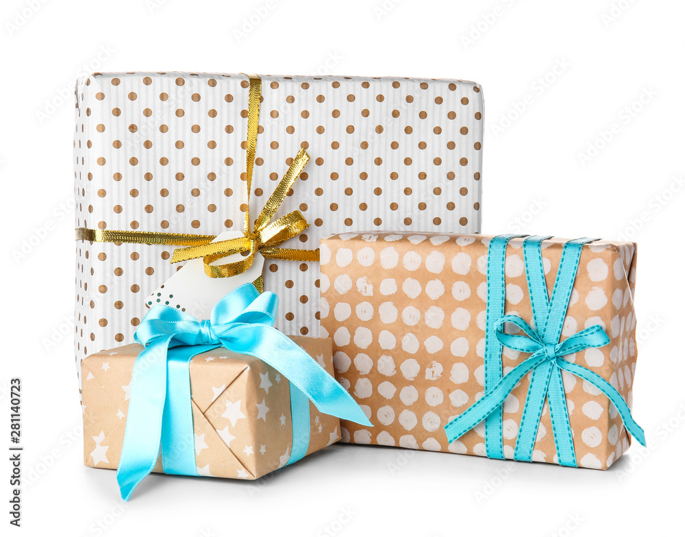 Beautiful gift boxes on white background