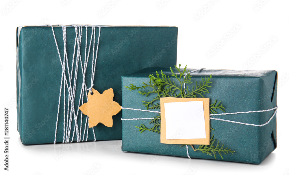 Beautiful Christmas gift boxes on white background