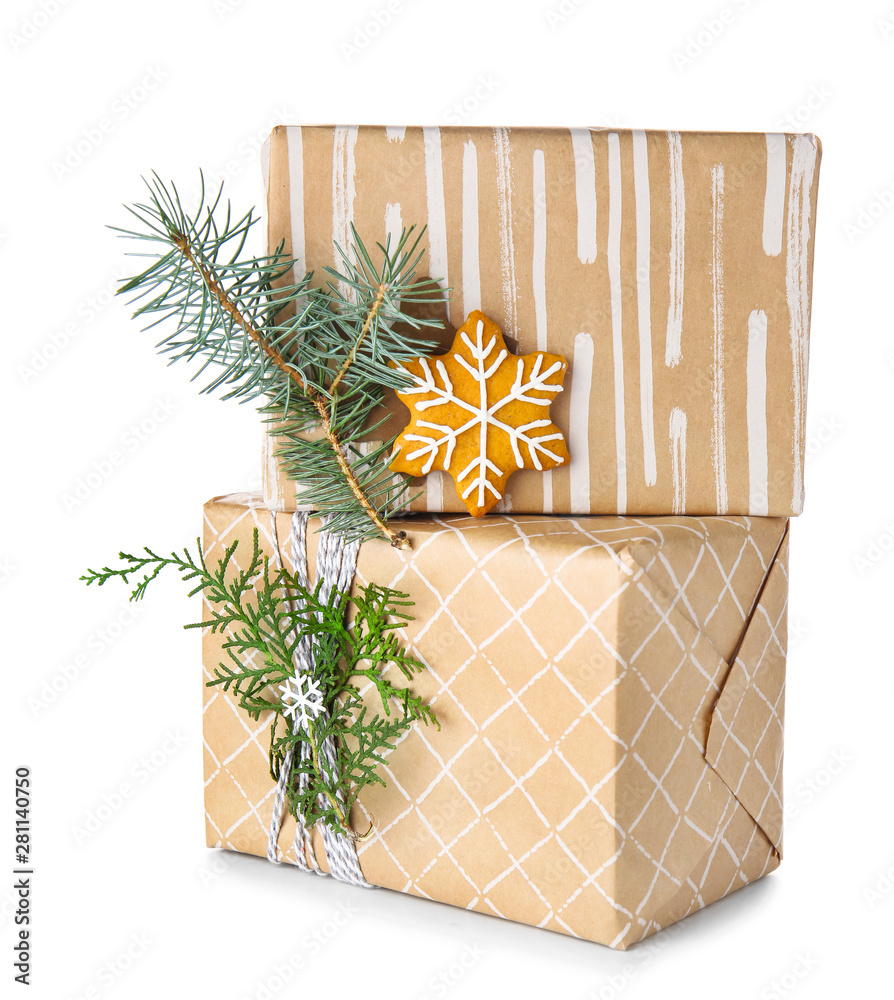 Beautiful Christmas gift boxes on white background