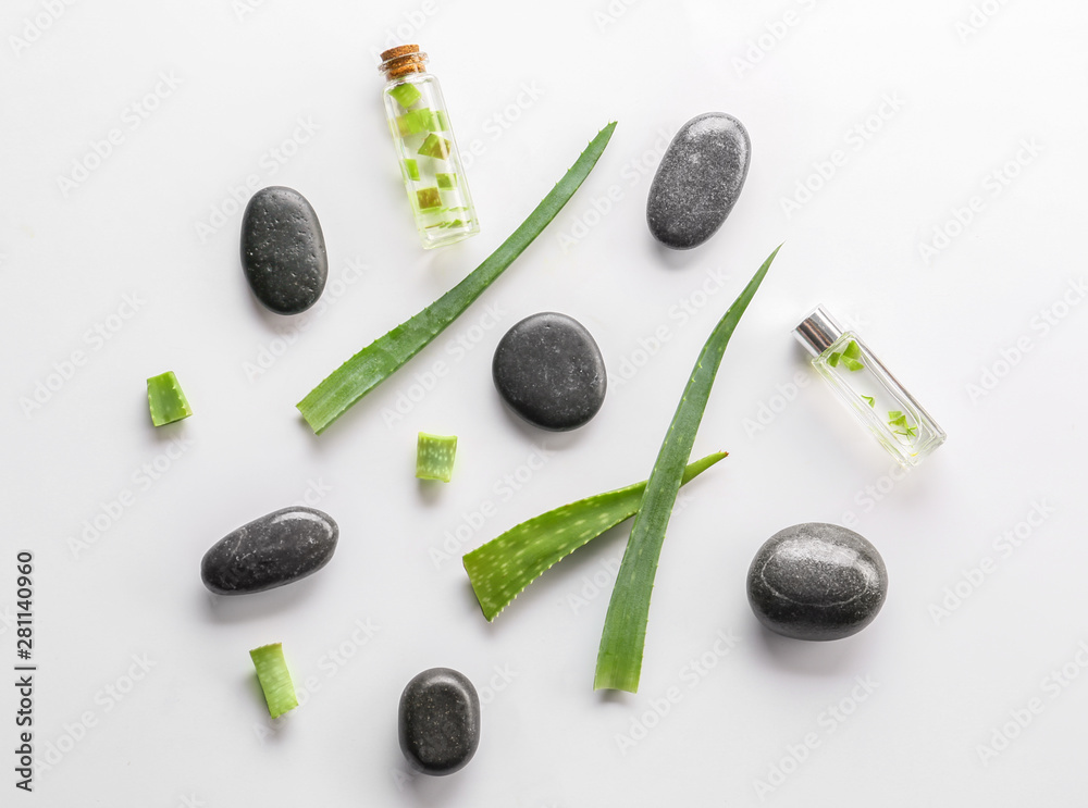 Fresh aloe leaves with essential oil and spa stones on white background