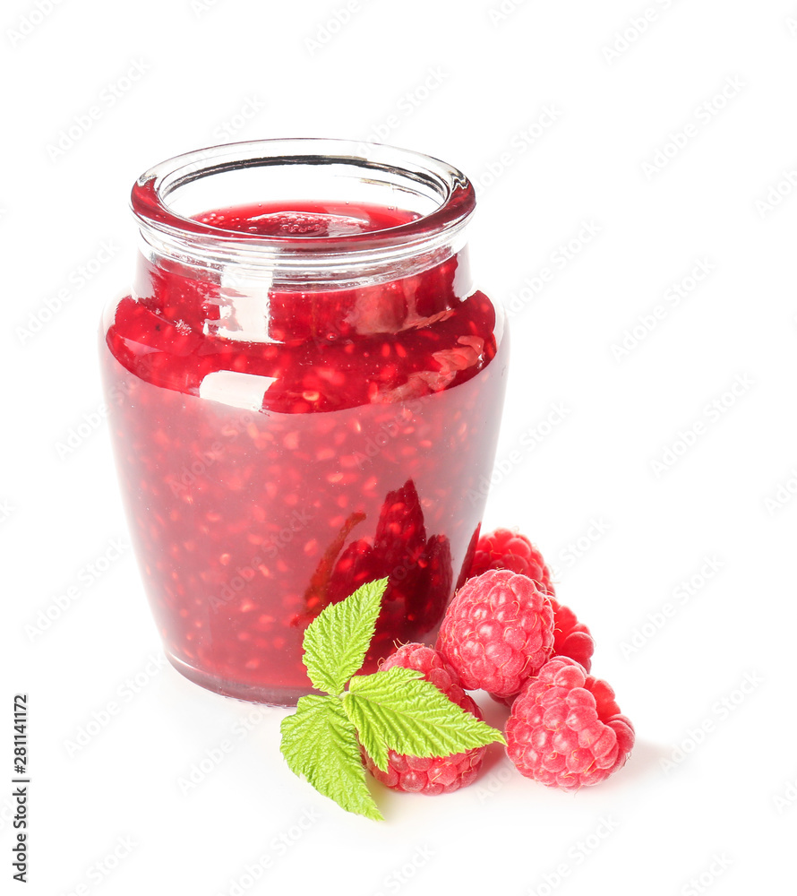 Jar of tasty raspberry jam on white background