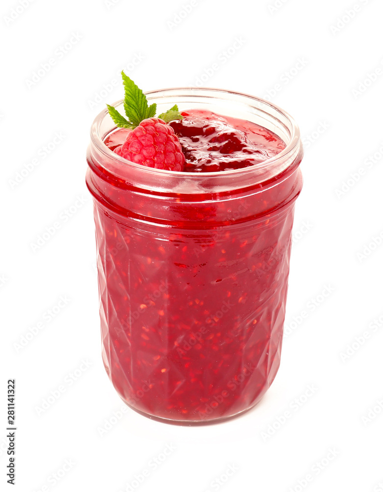 Jar of tasty raspberry jam on white background