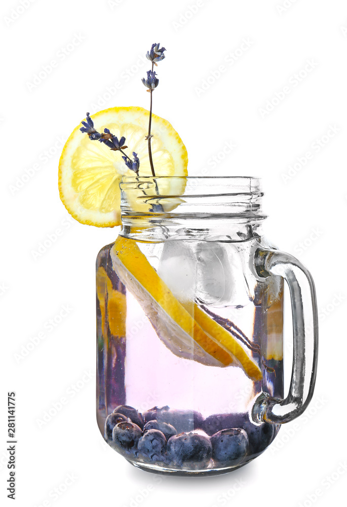 Mason jar of tasty infused water on white background