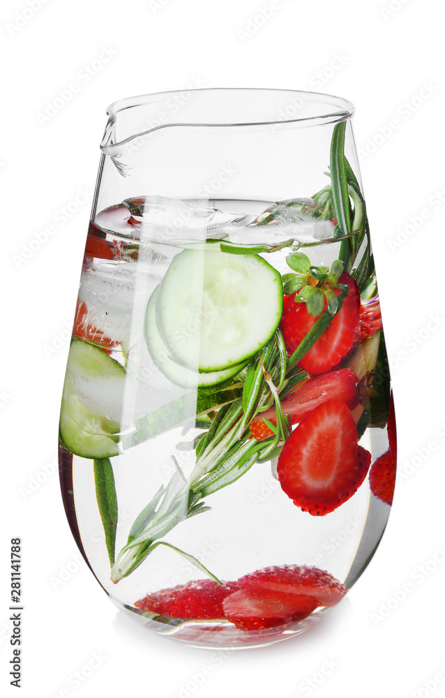 Jug of tasty infused water on white background