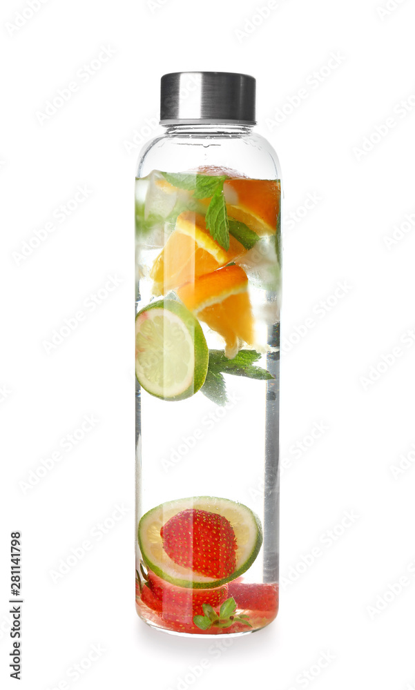 Bottle of tasty infused water on white background