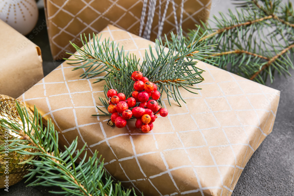 Beautiful Christmas gift box on table