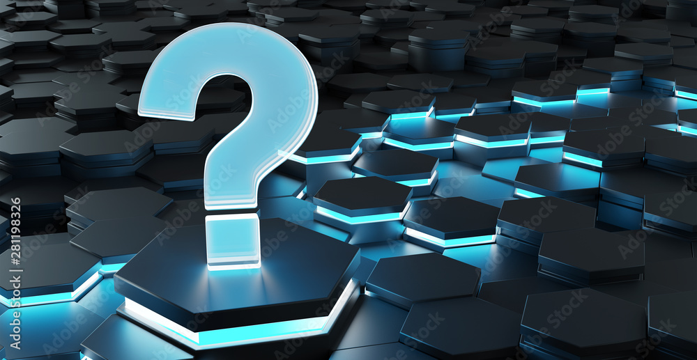 Black and blue question icon on hexagons background 3D rendering