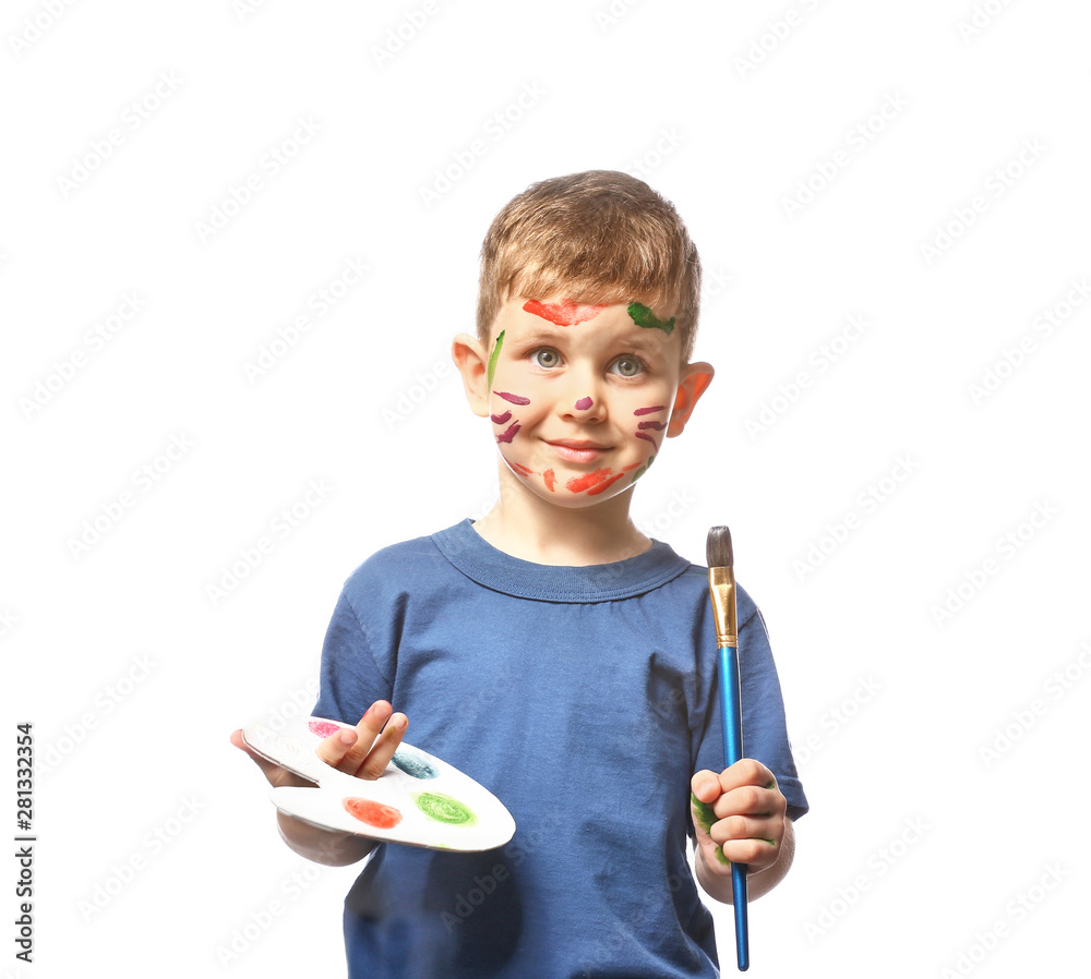 Funny little boy with palette and brush on white background