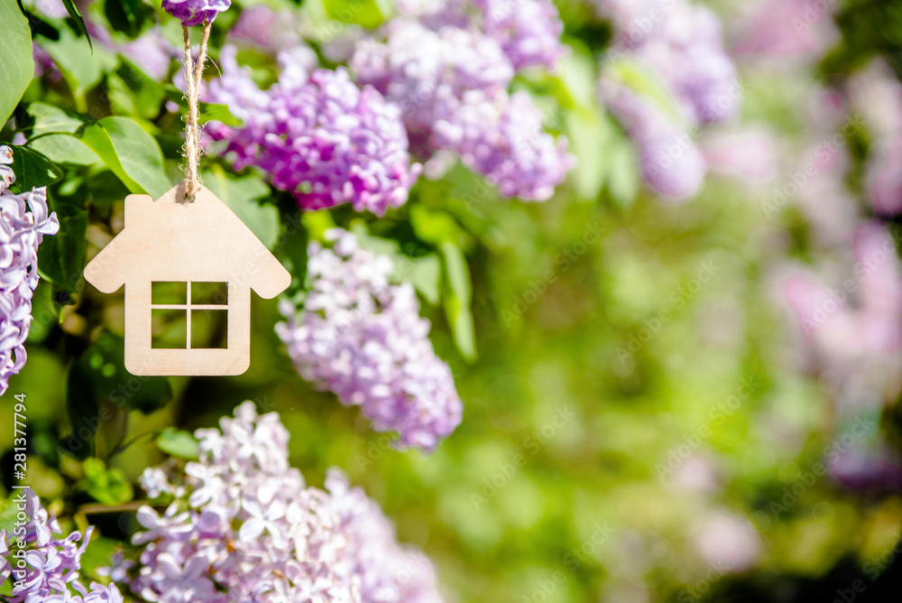 The symbol of the house among the branches of the pink lilac 