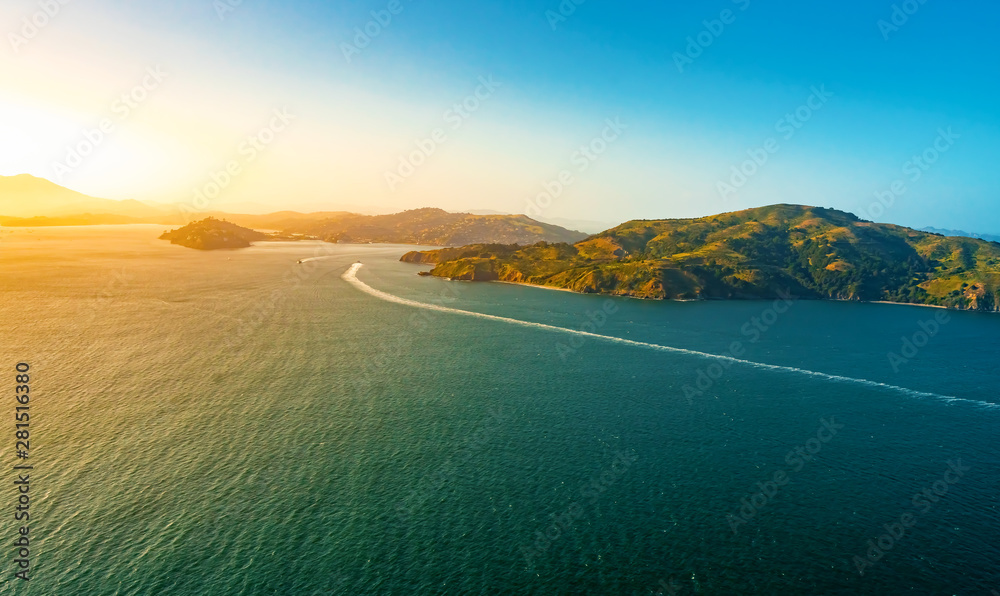 Aerial view of Angel Island at sunset off the coast of San Francisco