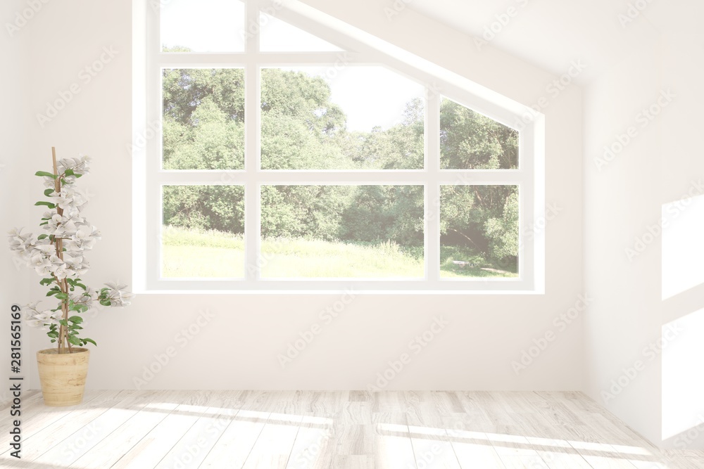 Stylish empty room in white color with summer landscape in window. Scandinavian interior design. 3D 