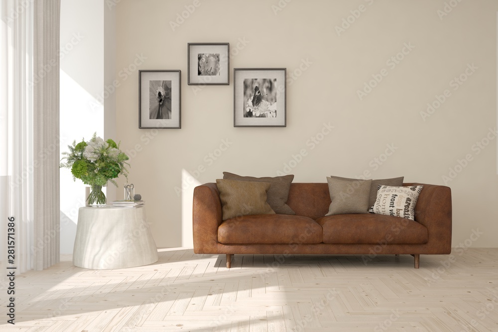 Stylish room in white color with sofa. Scandinavian interior design. 3D illustration