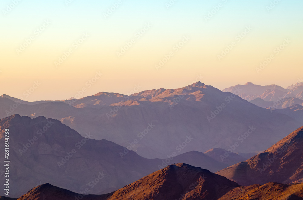 View from the mountain of Moses, a beautiful sunrise in the mountains of Egypt