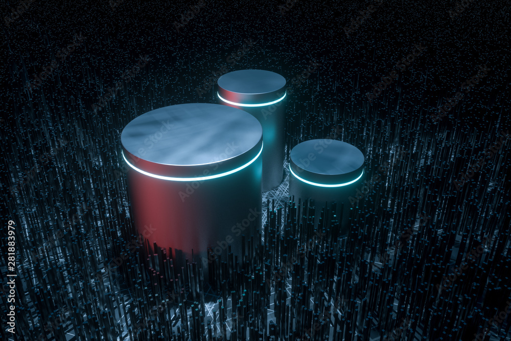 Dark technological lines background with round platform, 3d rendering.