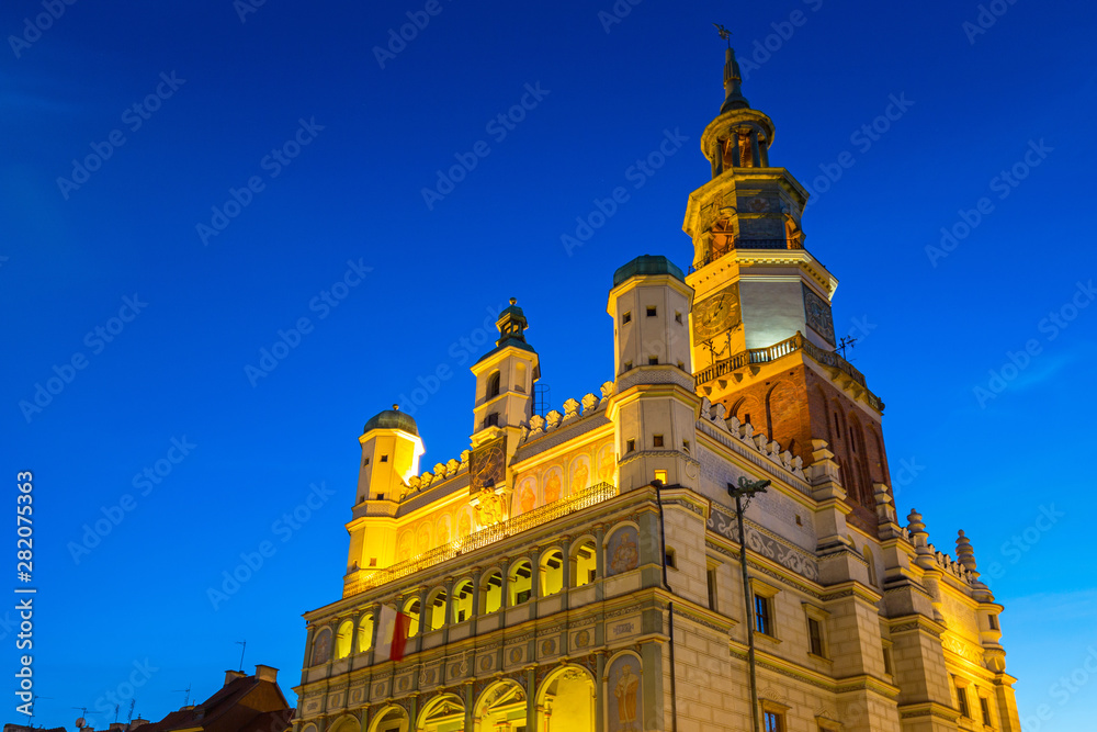 Architecture of the main square in Poznan at night, Poland