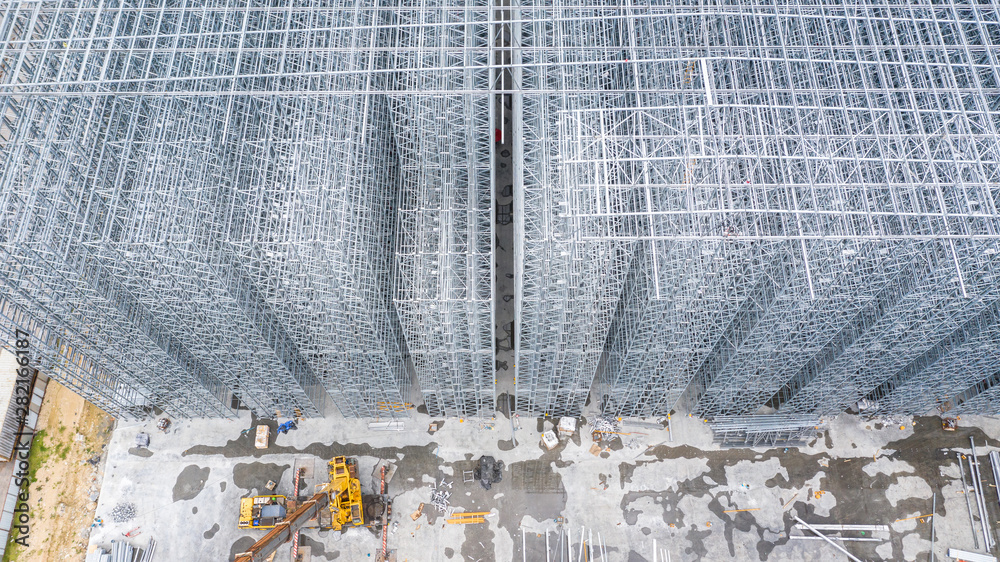 Aerial view structure of steel building construction, Metal steel frame buildings construction desig