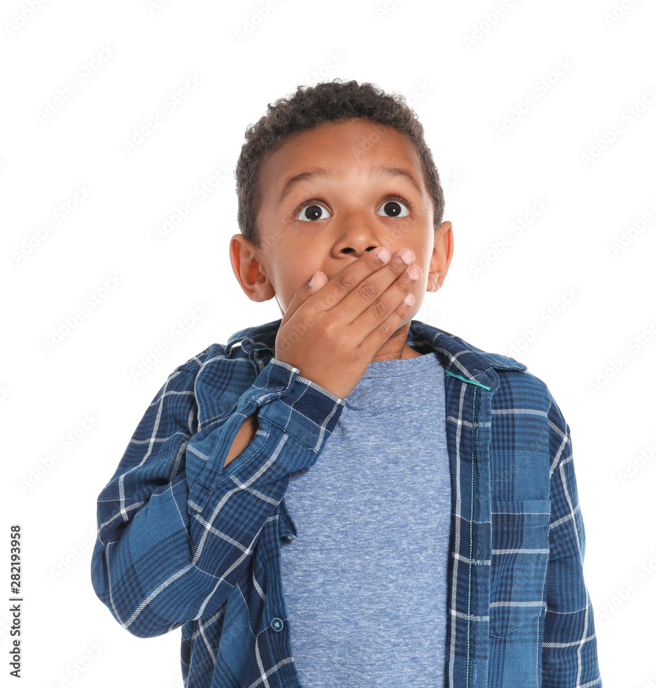 Surprised African-American boy on white background