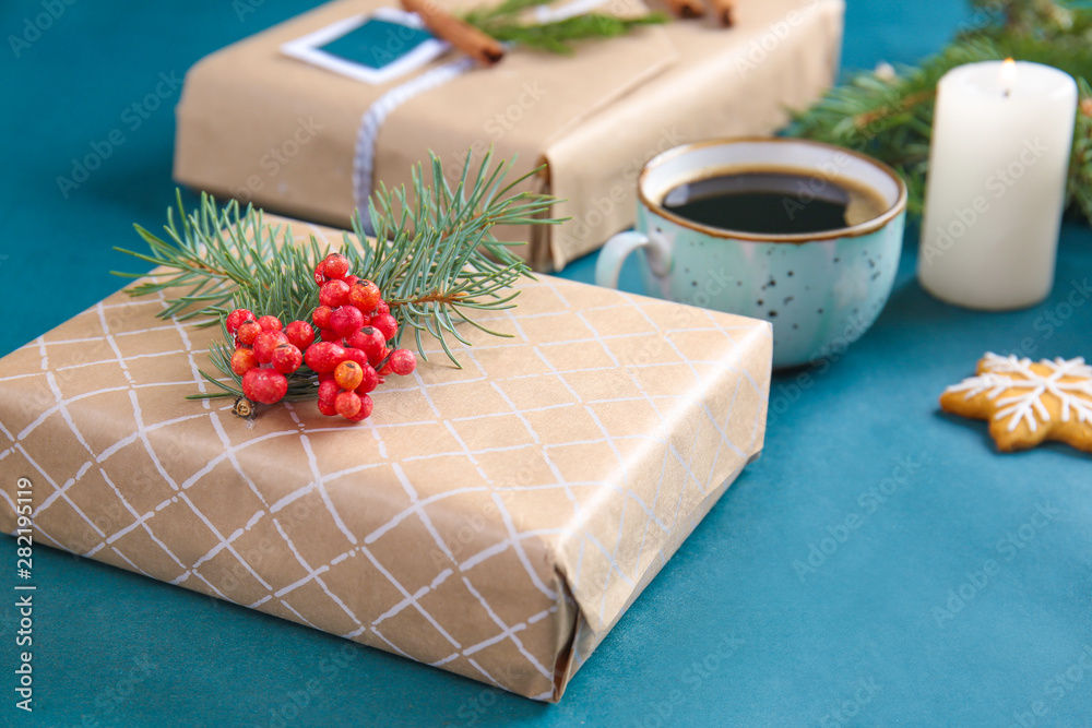 Beautiful Christmas gift box on color background