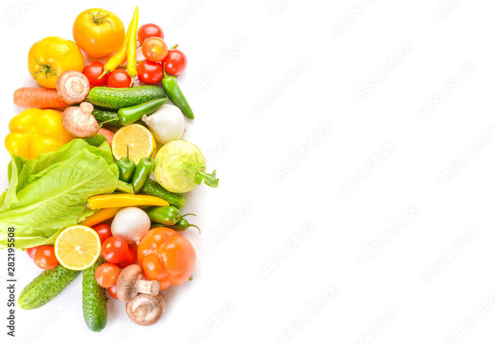 Assortment of fresh vegetables on white background