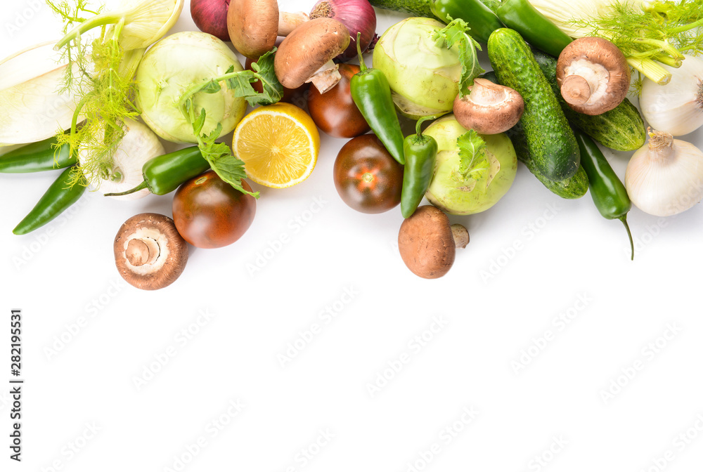 Assortment of fresh vegetables on white background