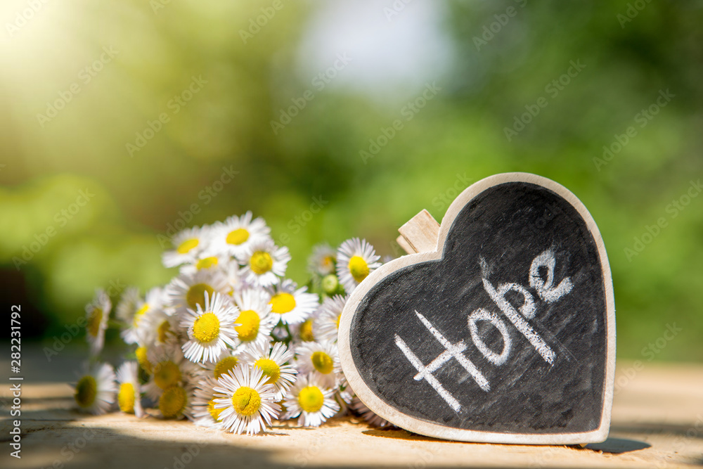 Hope - inscription on the heart, sharing hope concept, green bokeh background