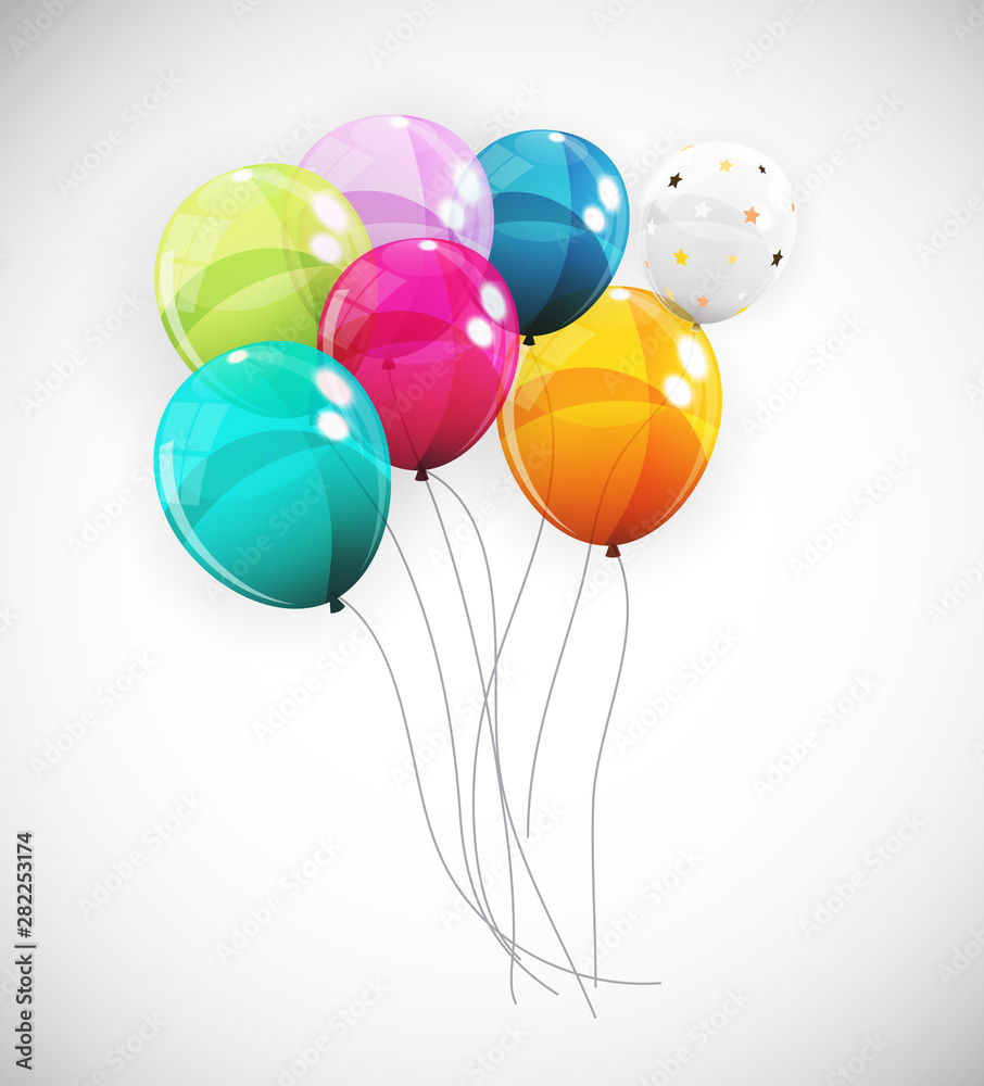 Group of Colour Glossy Helium Balloons Background. Set of  Balloons for Birthday, Anniversary, Celeb