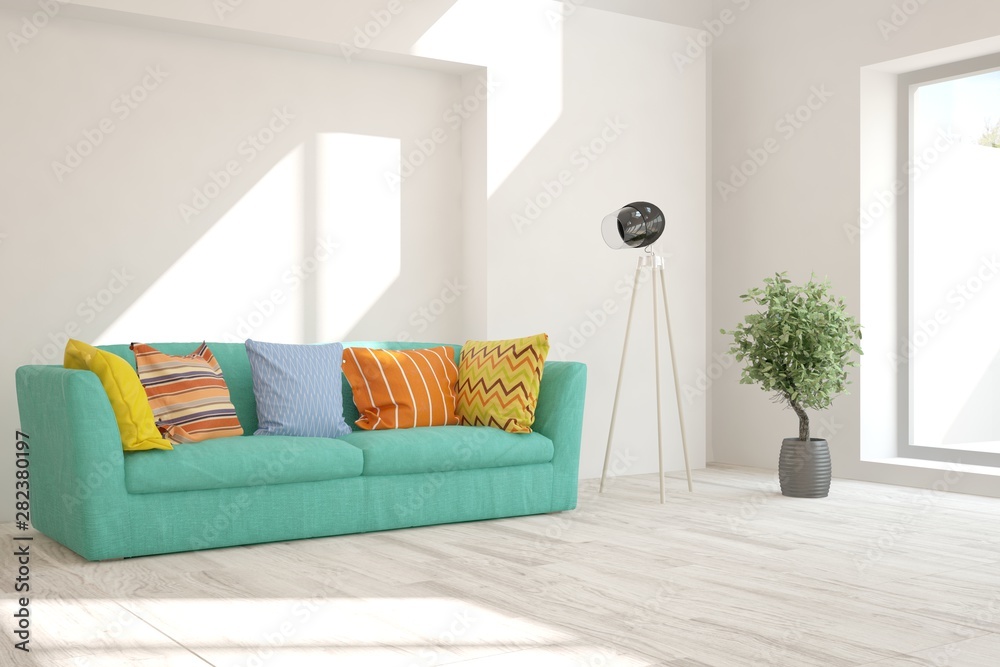 Stylish room in white color with sofa. Scandinavian interior design. 3D illustration