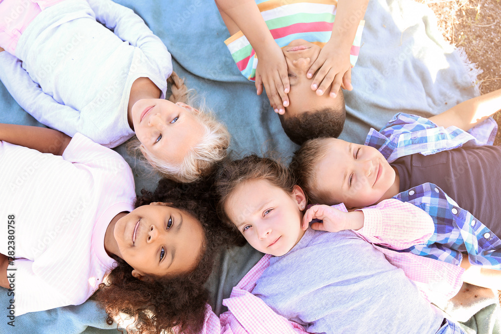 Group of happy children lying on plaid outdoors, top view