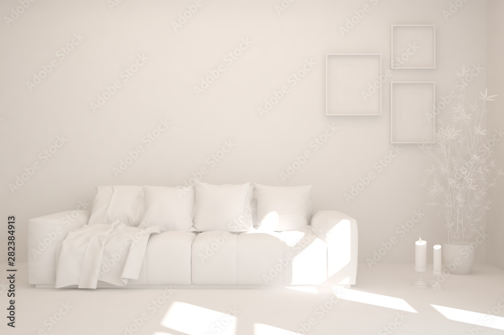 Mock up of stylish room in white color with sofa. Scandinavian interior design. 3D illustration