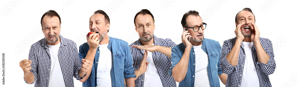 Portrait of handsome mature man showing time-out gesture on white background