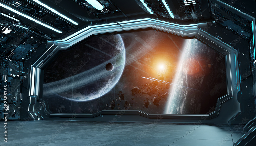 Dark blue spaceship futuristic interior with window view on space and planets 3d rendering