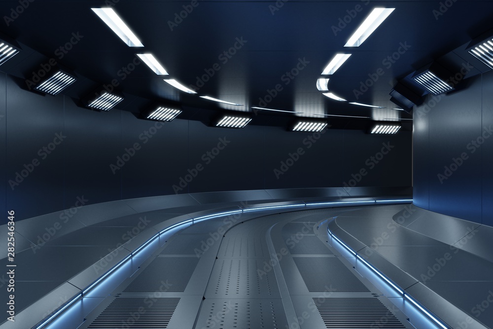 Science background fiction interior rendering sci-fi spaceship corridors blue light.