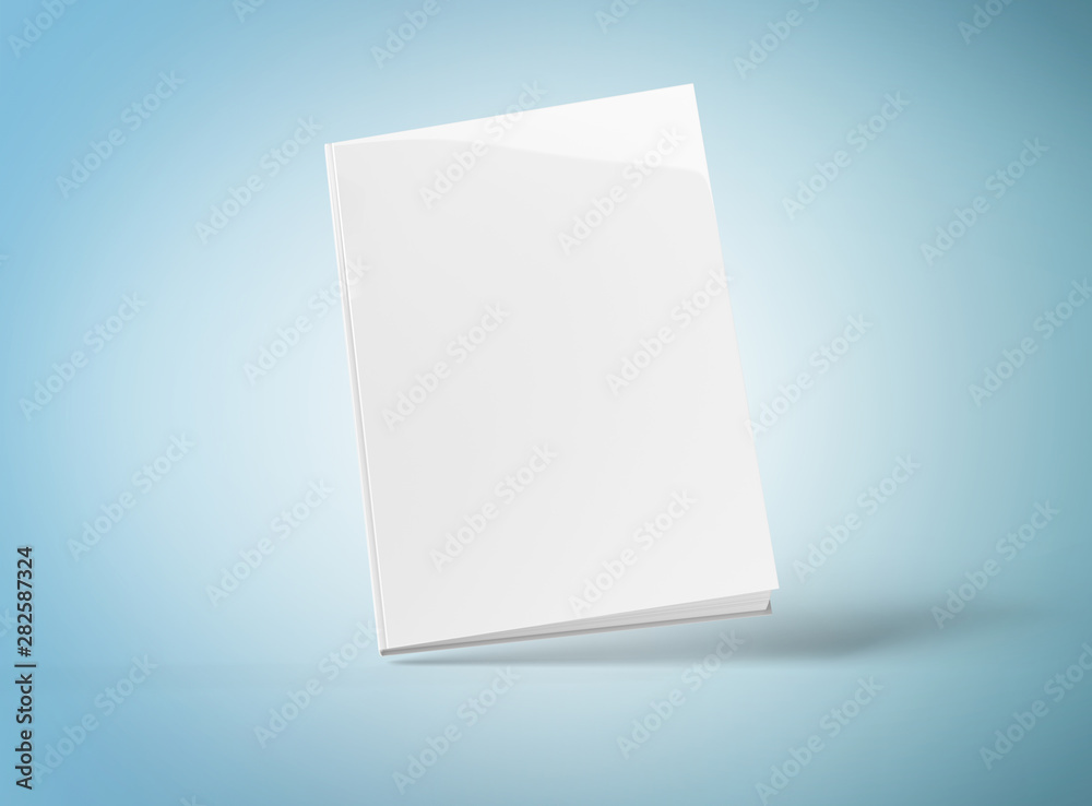 Blank hardcover book mockup floating on blue 3D rendering