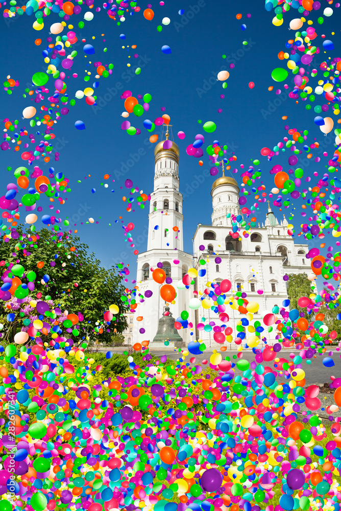 Tsar bell Tower in Moscow Kremlin and air balloons