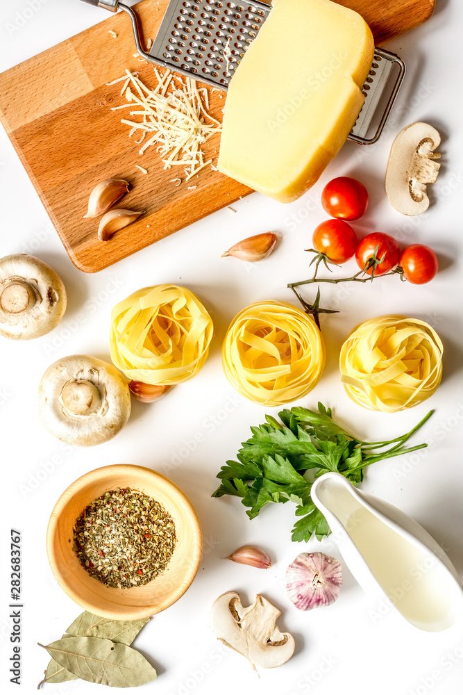 ingredients for cooking paste on white background top view