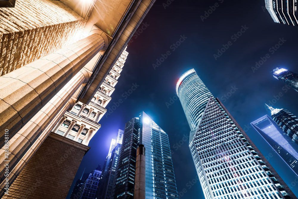 the light trails on the modern building background