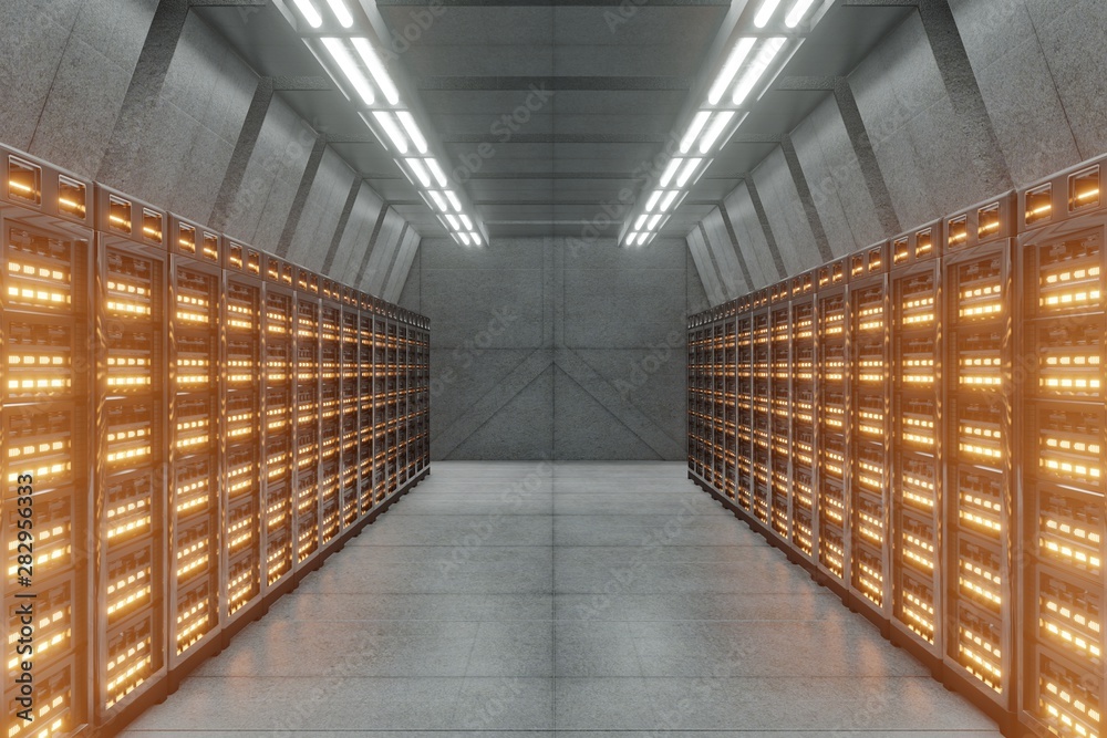 Dark Server Room Network with yellow lights.