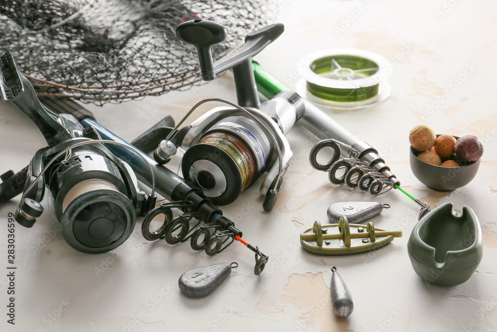 Different fishing equipment on light background