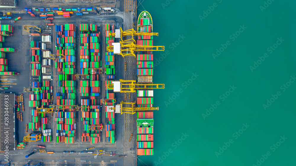 Container ship working at industrial port, Business import and export logistic and transportation of