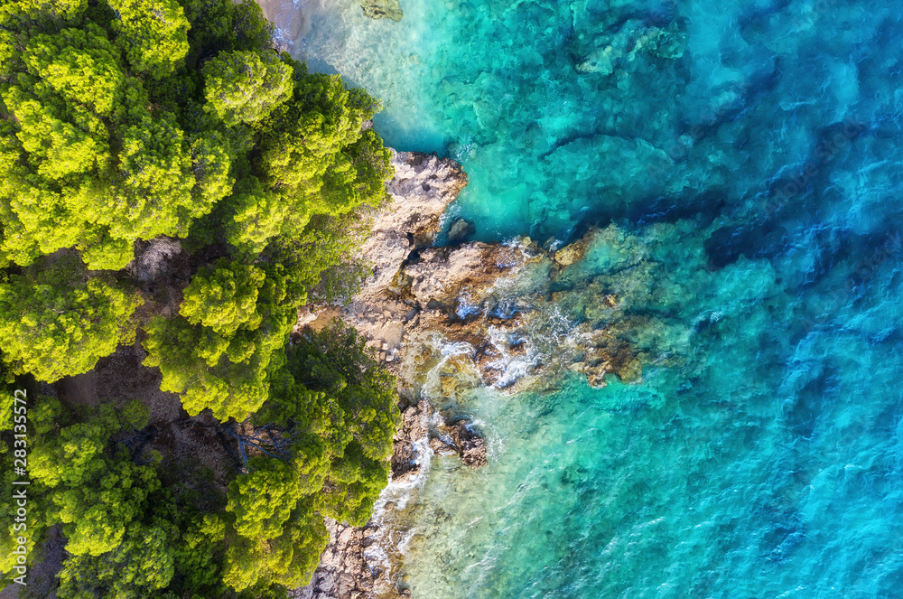 Croatia. Coast as a background from top view. Turquoise water background from top view. Summer seasc